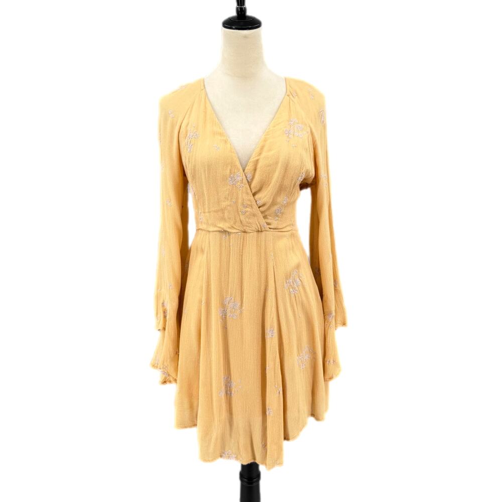 Free People Yellow Jasmine Boho Long Bell Sleeve Floral Embroidered Mini Dress